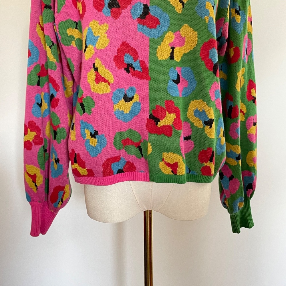 Farm Rio Colorful Leopard Sweater Women L Knit Artsy Bold Maximalist Colorful - Picture 3 of 11